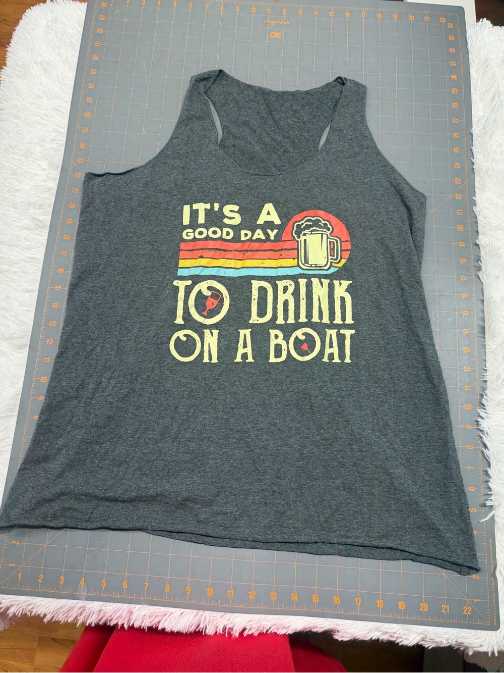 Women's Charcoal Gray Graphic Tank - "It's A Good Day To Drink On A Boat" L
